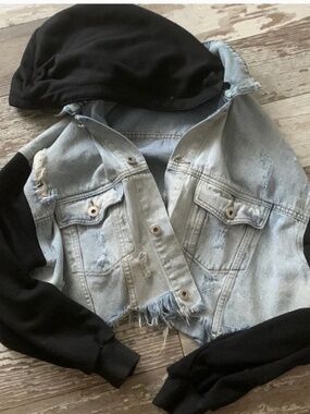 Denim crop jacket with sweater sleeves